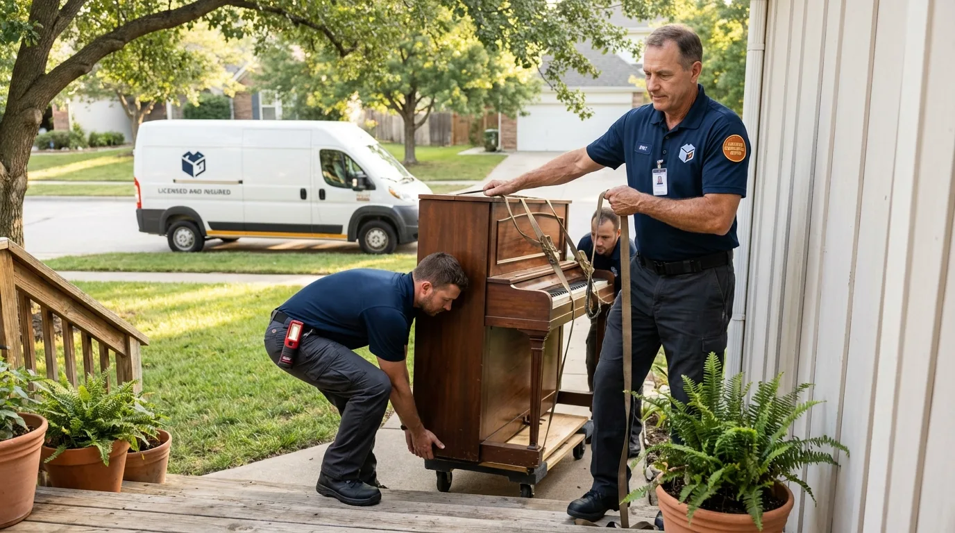 Licensed piano movers securing grand piano in Danville, IN