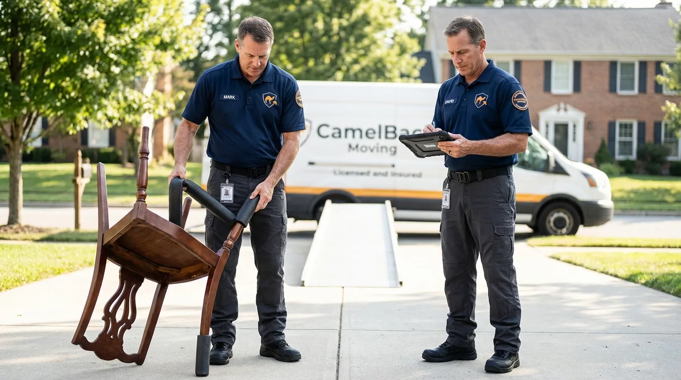 Movers inspecting furniture for damage prevention before loading in Danville, IN