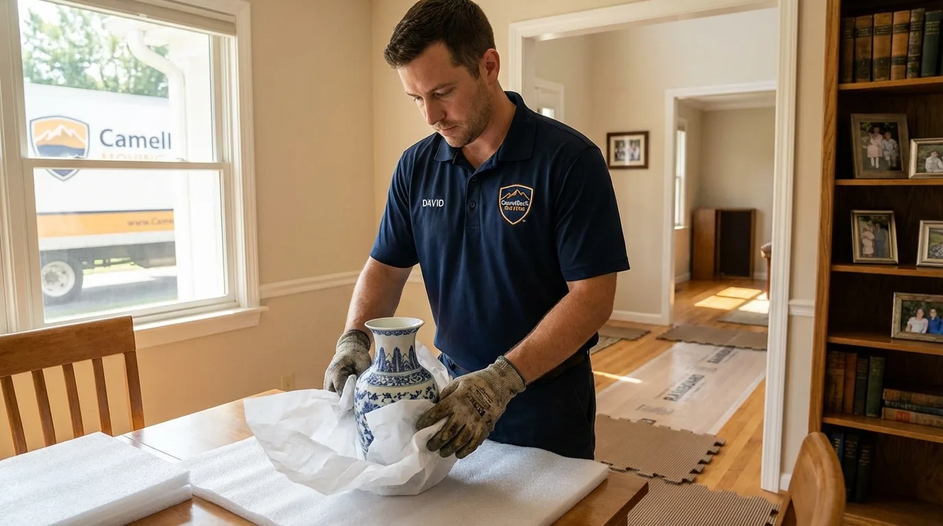 Professional crew carefully wrapping antique vase for senior downsizing move in Danville, IN